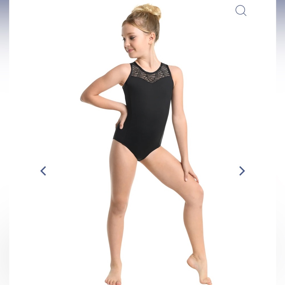 Danznmotion Sakura Open Back Lace Leotard, in black, size 6x-7